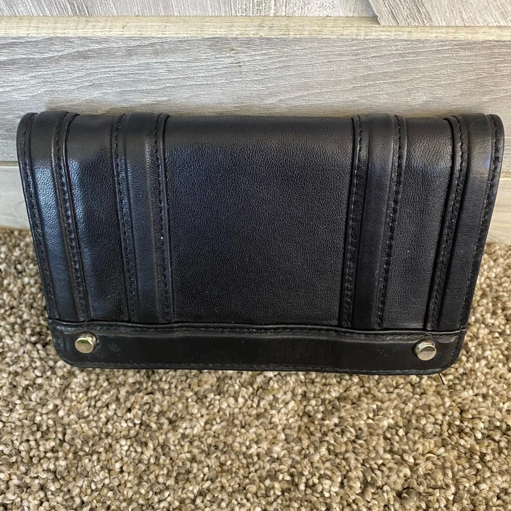 Perlina Black Leather Trifold Ladies Wallet Clutch